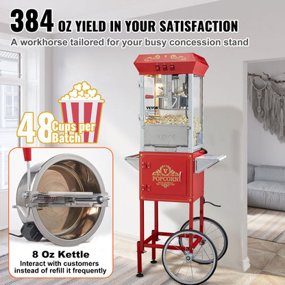 Popcornmachine – Popcornmaker – Popcornmachine met Kar – Popcorn Popper – Professionele Popcornmachine Rood – 850W Vermogen – Ketelcapaciteit 230g