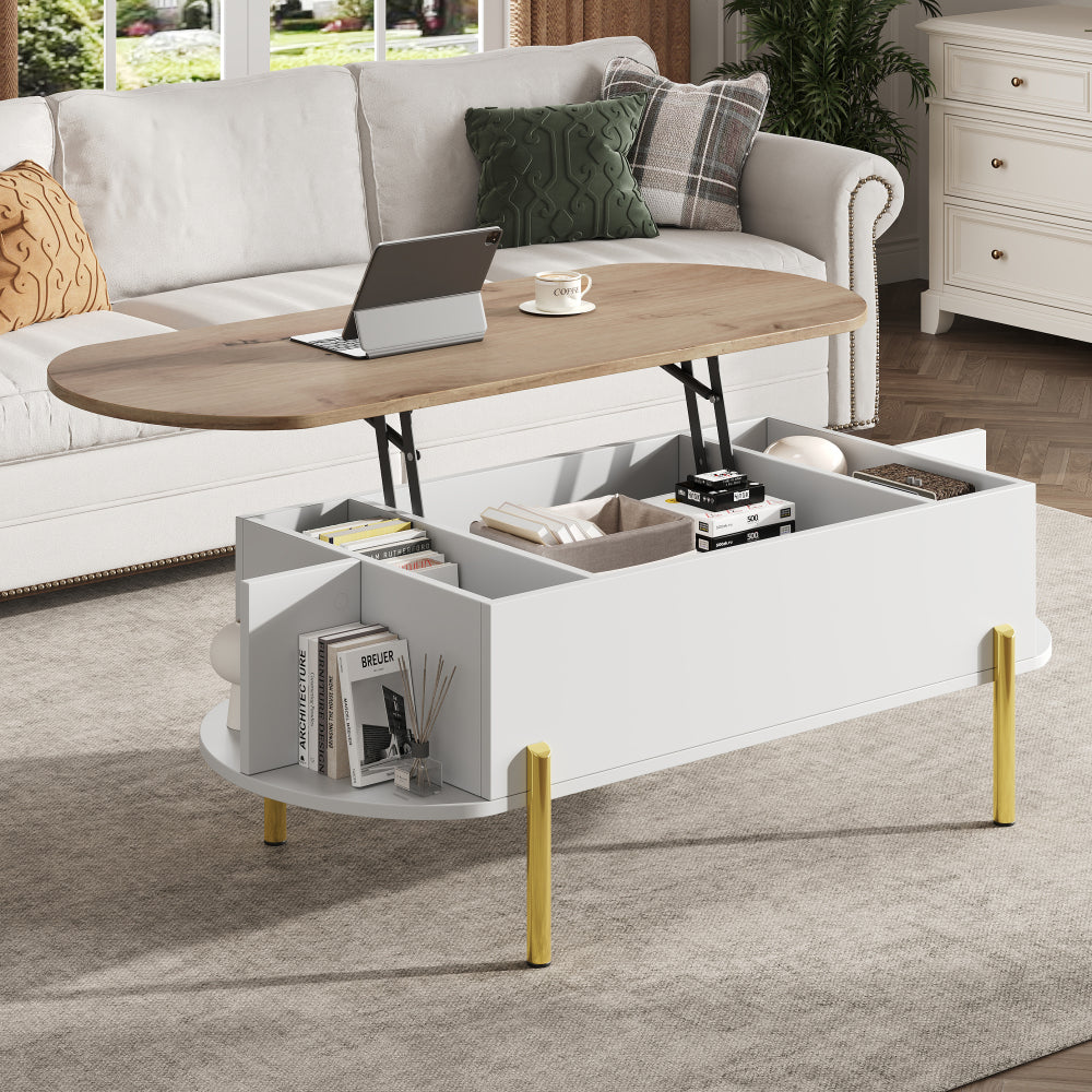 Salontafel – Koffietafel – Bijzettafel – Woonkamertafel – Verstelbare Tafel – Verstelbaar Hoogte – Uitbreidbaar Tafelblad – 7 Opbergrekken – Wit/Geel Metalen Frame