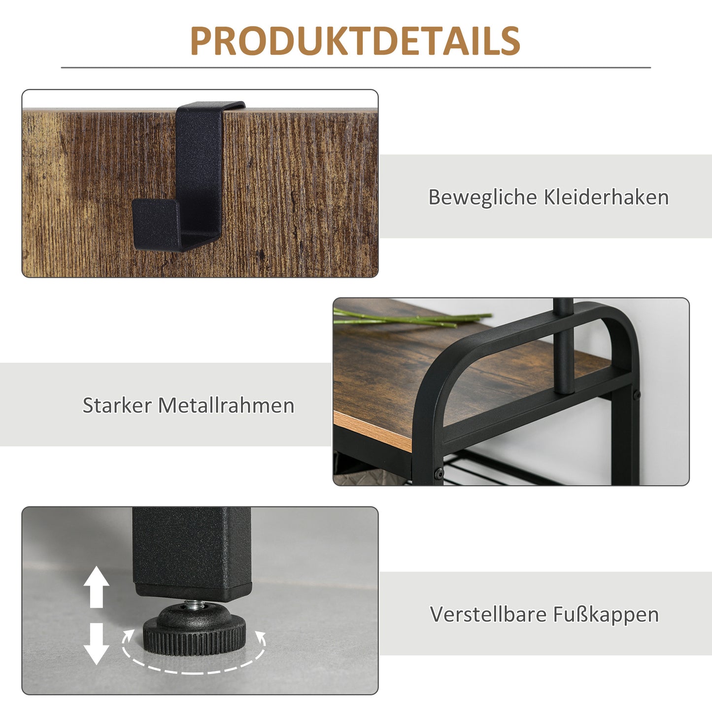 Kledingstandaard – Kapstok – Jassenrek – Schoenenrek – Garderoberek – Zwart – Compact 72x34x185 cm – 8 Haken en 2 Legplanken