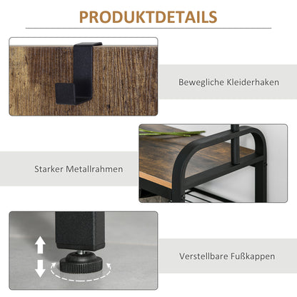 Kledingstandaard – Kapstok – Jassenrek – Schoenenrek – Garderoberek – Zwart – Compact 72x34x185 cm – 8 Haken en 2 Legplanken