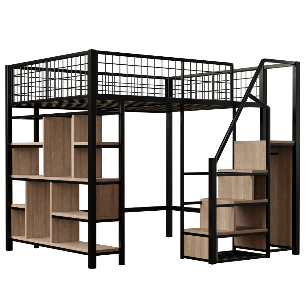Bed – Bedframe – Bedden – Slaapbed – Stapelbed – Zwart – Metalen Frame – Opbergruimte – Trap – 140 x 200 cm