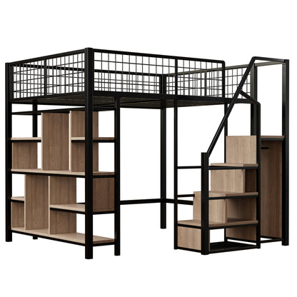 Bed – Bedframe – Bedden – Slaapbed – Stapelbed – Zwart – Metalen Frame – Opbergruimte – Trap – 140 x 200 cm