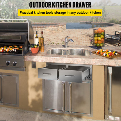 Dubbele BBQ Lade – BBQ Lade Opberglade – Buitenkeuken Lade – RVS Opberglade – 75x25 cm – Roestvrij Staal – Weerbestendig & Stil Uittrekbaar