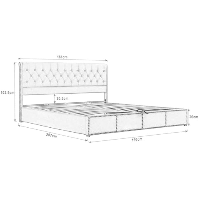 Boxspringbed – Opbergbed – Tweepersoonsbed – Slaapkamerbed – Hydraulisch Bed – Met Opbergruimte – Grijze Fluwelen Bekleding – Met Metalen Lattenbodem