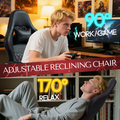 Gamingstoel – Bureaustoel – Bureaustoel – Computerstoel – Gamerstoel – Ergonomische Hoge Rugleuning – Verstelbare Lendensteun & Hoofdsteun – PU Leder – Metalen Frame – Schommelfunctie – Zwart –