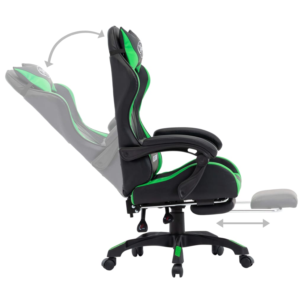 Gamestoel – Gaming Stoel – Game Stoel – Gaming Chair – Verstelbaar – Kunstleer – Inklapbare Voetensteun – Met Hoofd- en Lendensteun – Groen/Zwart