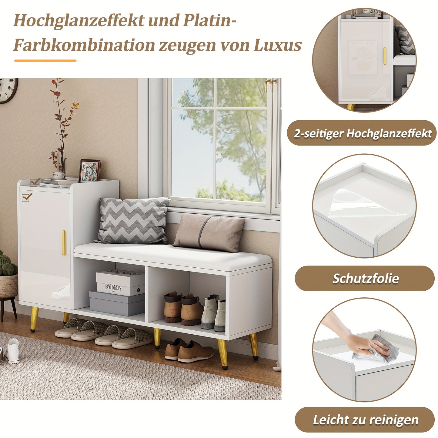 Schoenenkast – Schoenenrek – Schoenenopberger – Halkast – Schoenenbankje – Hoogglans Wit – Met Gouden Accenten – Comfortabel Bekleed Zitgedeelte