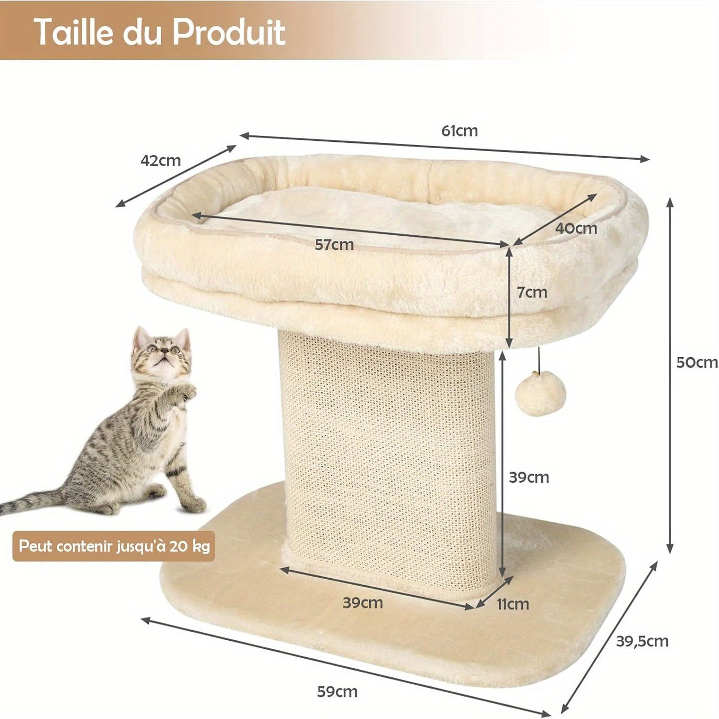 Kattenkrabpaal – Krabpaal – Kattenpaal – Krabmeubel – Kattenmeubel – Beige Variant – Afneembaar Zacht Ligvlak – Brede Sisal Krabpalen