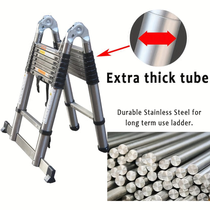 Telescopische Ladder – Uitschuifbare Ladder – Vouwladder – A-Frame Ladder – Trappenladder – 5 Meter Hoogte – Roestvrij Staal & Stabilisatorbalk