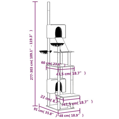 Krabpaal – Kattenkrabpaal – Kattenhuis – Kattenboom – Kattentoren – Verstelbaar 277-303 cm – Sisal Touw & Donkergrijs Pluche