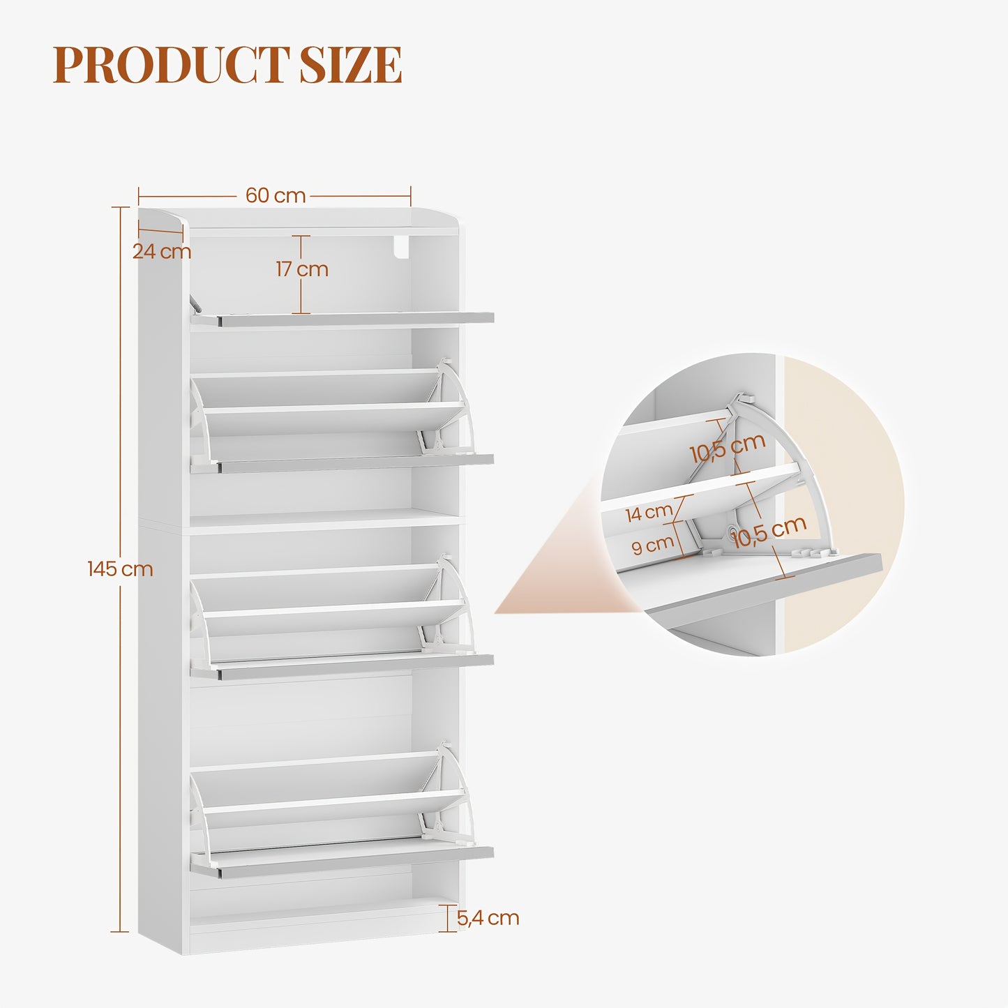 Shoe Cabinet with 3 Drop-down Doors, Shoe Storage Unit, Narrow Shoe Chest with 1 Drop-down Shelf, for 12-18 Pairs Of Shoes, Adjustable Shelves, for Hallways, Entryways, 60 X 24 X 145cm, White - QUORE