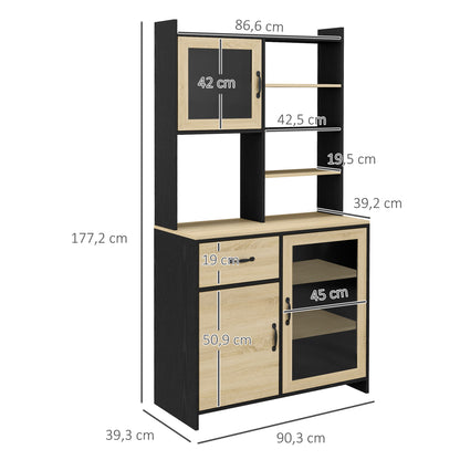 Keukenkast – Buffetkast – Keukenbuffet – Opslagkast – Dressoir – Moderne Design – Verstelbare Plank – Anti-Kantel Systeem – 90x39x177 cm – Zwart/Natuurlijk