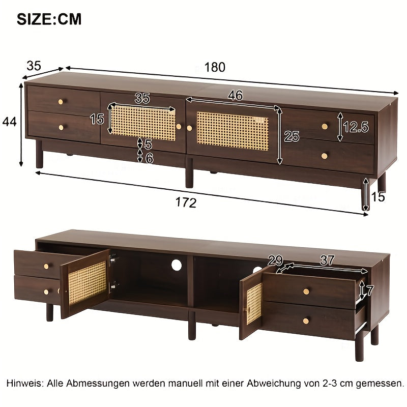 Modern TV Stand Compatible for 80-Inch TVs, Metal Frame with Dark Wood Grain, 2 Rattan Doors & 4 Drawers, Cable Management System & Hydraulic Hinge Doors - Media Console