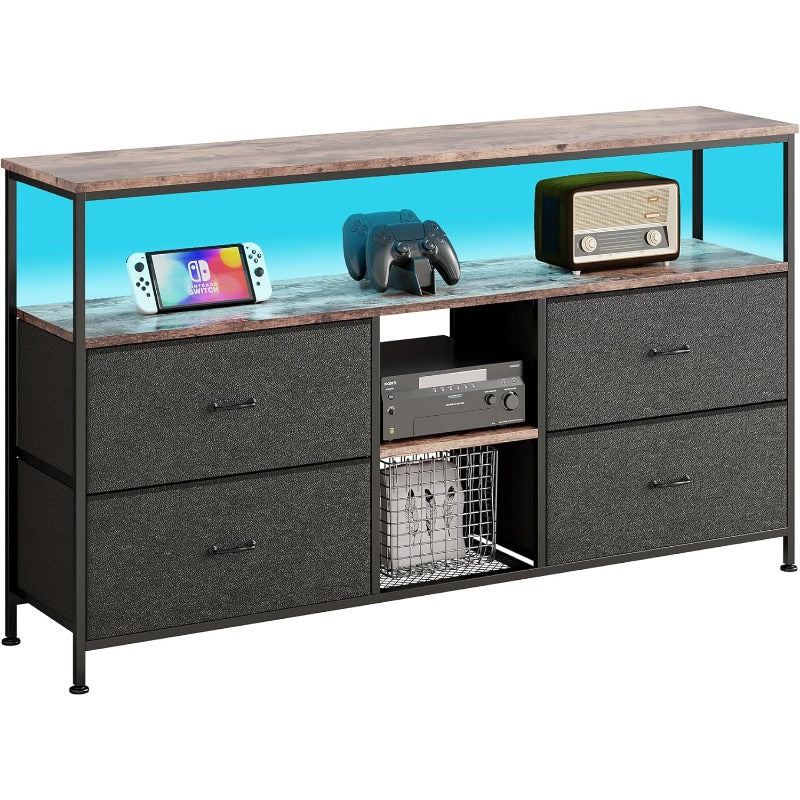 Vintage Dressoir – Ladekast – Opbergkast – Sideboard – Mediameubel – Zwart Metalen Frame – 3 Lades & 4 Open Vakken – Duurzaam MDF & Hout