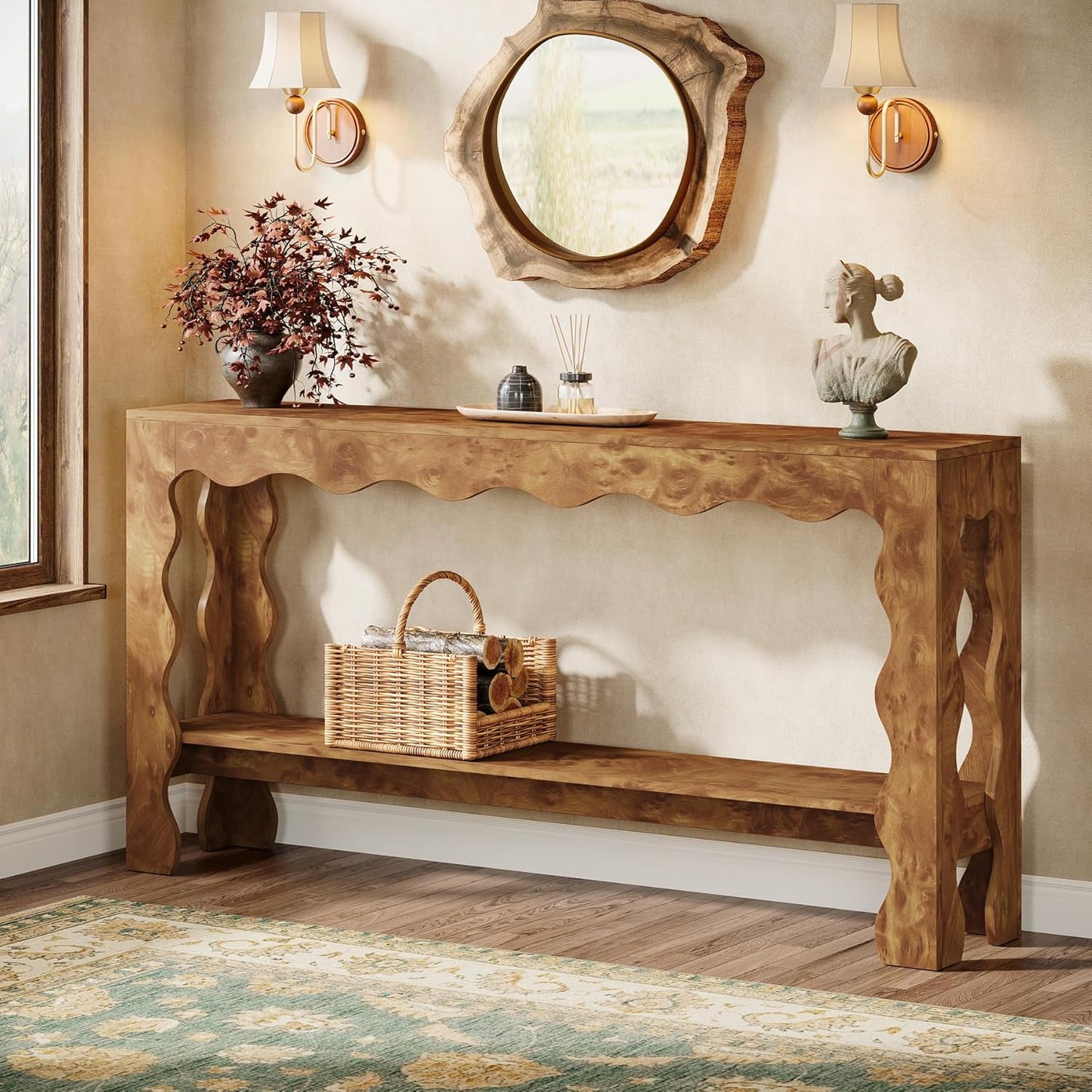 Console Tafel – Sidetable – Haltafel – Opbergmeubel – Banktafel – Lichtbruin – Smal en Lang – 2-laags Opbergruimte
