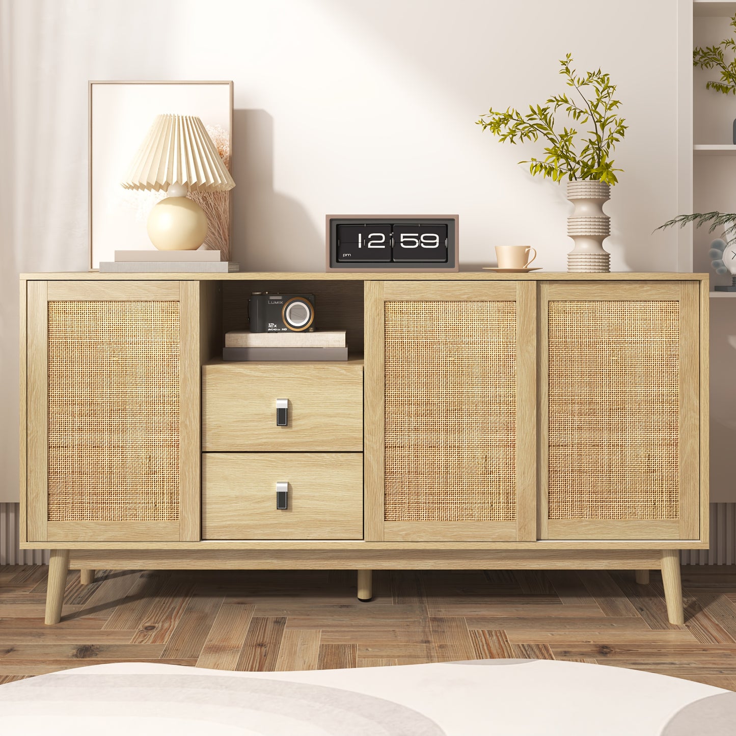 Bamboekast – Opbergkast – Ladekast – Kast – Boekenkast – Vloerstaande Kast – 3 Schuifdeuren – 2 Lades – Duurzaam Bamboe – Ruime Opbergruimte 155x38x80 cm