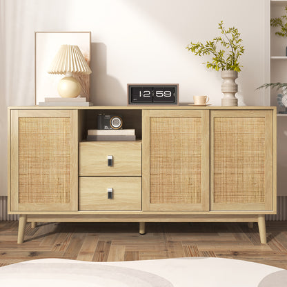 Bamboekast – Opbergkast – Ladekast – Kast – Boekenkast – Vloerstaande Kast – 3 Schuifdeuren – 2 Lades – Duurzaam Bamboe – Ruime Opbergruimte 155x38x80 cm