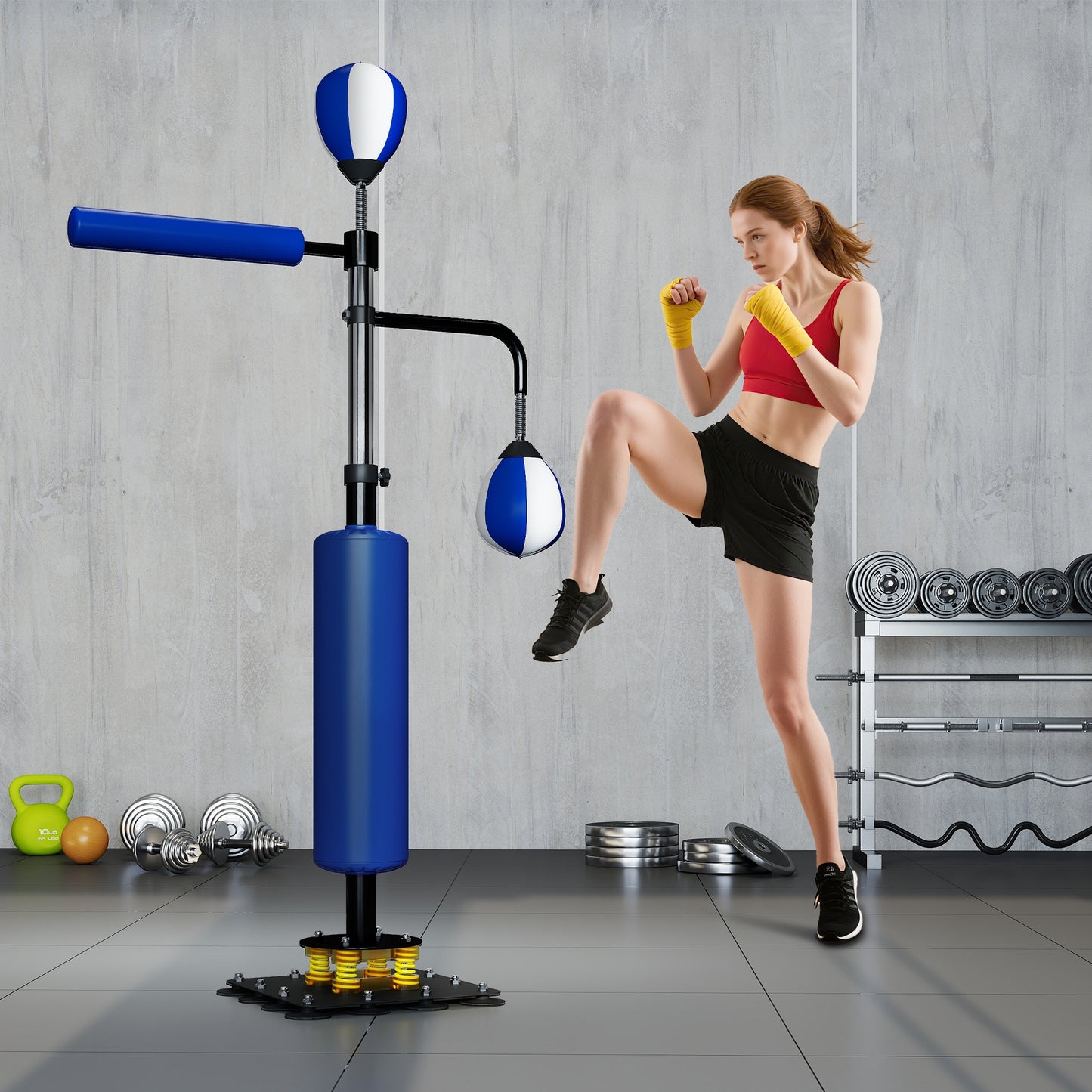 Bokszakstandaard – Bokspaal – Boksbalstandaard – Punchingball – Kickpad – Verstelbaar in Hoogte – Stalen Constructie – Blauw