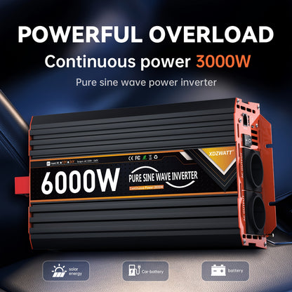 Omvormer – Spanningsomvormer – Stroomomzetter – Stroominverter – 24V 6000W EU – Pure Sinusgolf – 2 Stopcontacten met USB Type-C & LCD display