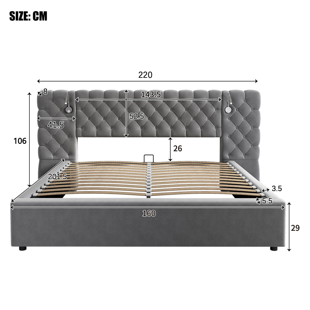 Bedkasten – Nachtkastje – Bijzettafel – Ladekast – Opbergkast – Tweepersoonsbed 160x200 cm – Hydraulisch Liftsysteem – Ruime Opbergruimte – Modern Grijs