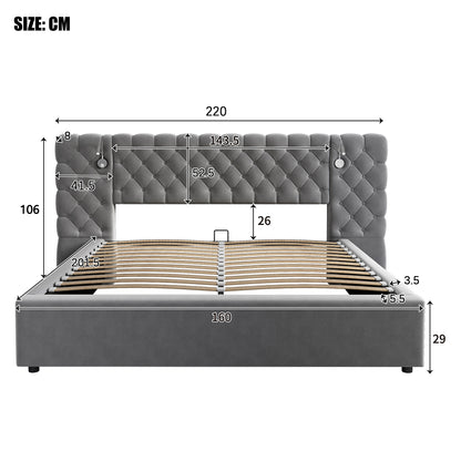 Bedkasten – Nachtkastje – Bijzettafel – Ladekast – Opbergkast – Tweepersoonsbed 160x200 cm – Hydraulisch Liftsysteem – Ruime Opbergruimte – Modern Grijs
