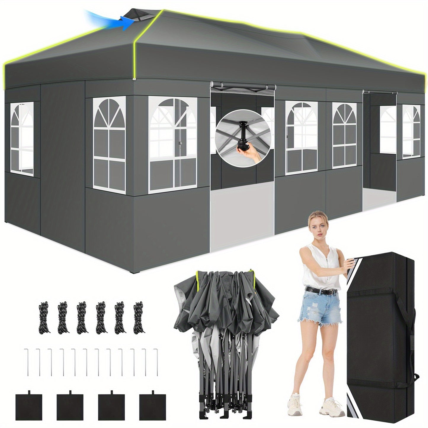 Pop-up Tent – Partytent – Vouwtent – Zonnescherm – Tent Met Zijwanden – 3x6m – 6 Verwijderbare Zijwanden – Fluorescerende Strepen & Geventileerd Ontwerp – Inclusief Draagtas – Grijs