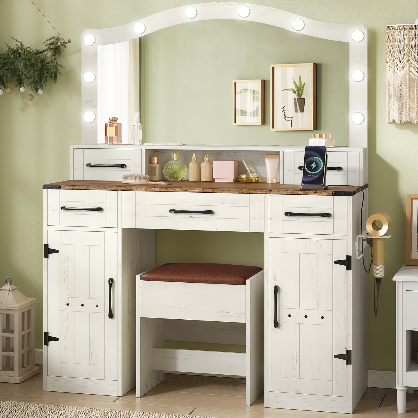 Kaptafel – Make-up Tafel – Cosmeticatafel – Opmaken Tafel – Vanity Table – Met Spiegel en LED Verlichting – 108 cm Breed – Inclusief Krukje en Stopcontact
