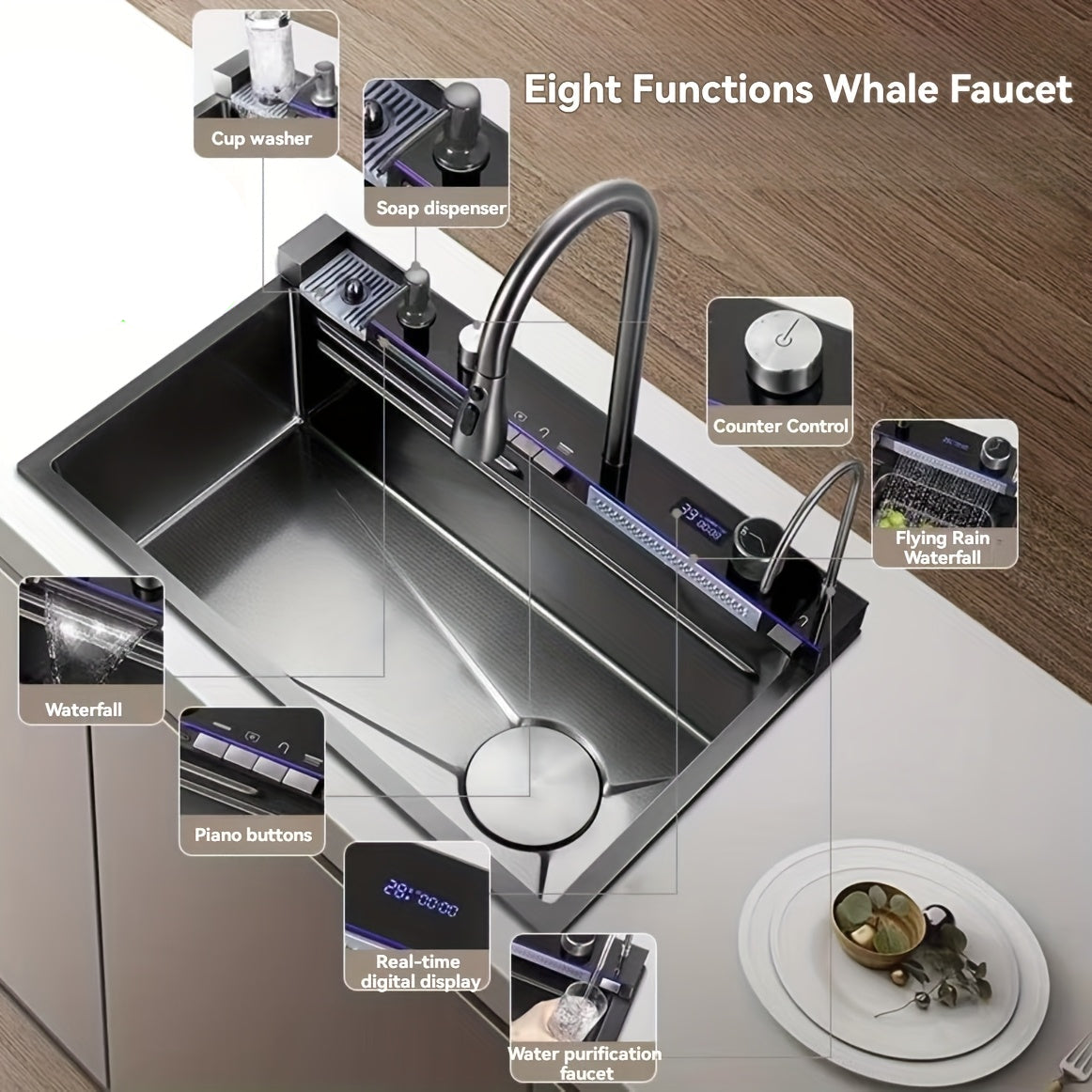 Keukenspoelbak – Spoelbak – Spoelbak RVS – Enkele Bak – Inbouw Spoelbak – Gunmetal Grijs – Grote Enkele Bak 68x45x22 cm – Honingraat Nano Coating & Waterval Afvoer