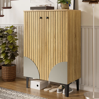 Modern Shoe Cabinet with Doors - Space-Saving Shoe Storage Organizer with Shelves, Heavy-Duty Black Metal Frame, Freestanding Entryway Cabinet for Hallway, Living Room, Apartment - No Assembly Tools Needed, Compact Shoe Rack