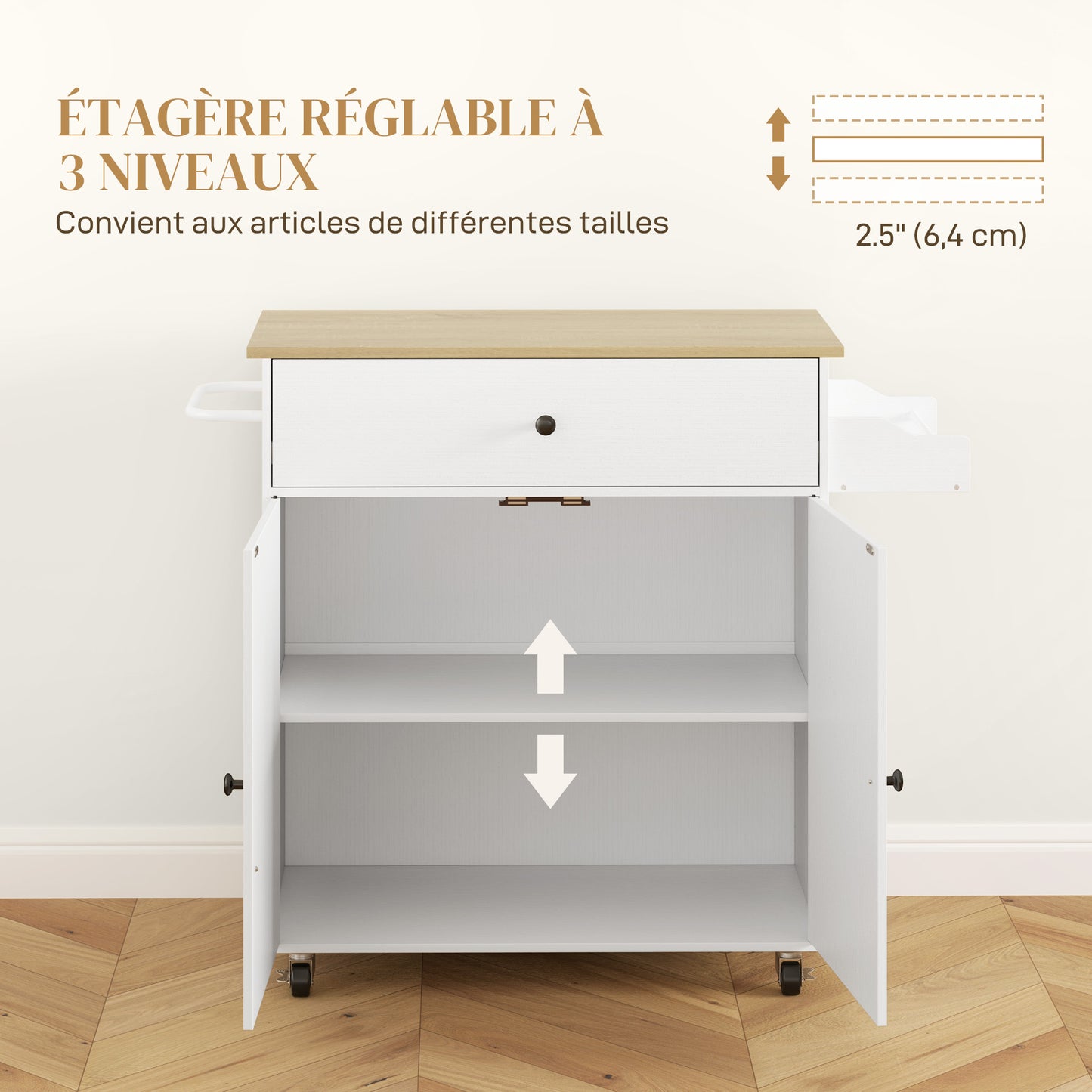 Keukentrolley – Serveerwagen – Keukenwagen – Keukenrek – Keukeneiland – Uitschuifbaar Werkblad – Verstelbare Plank – Wit – 106x42x87 cm