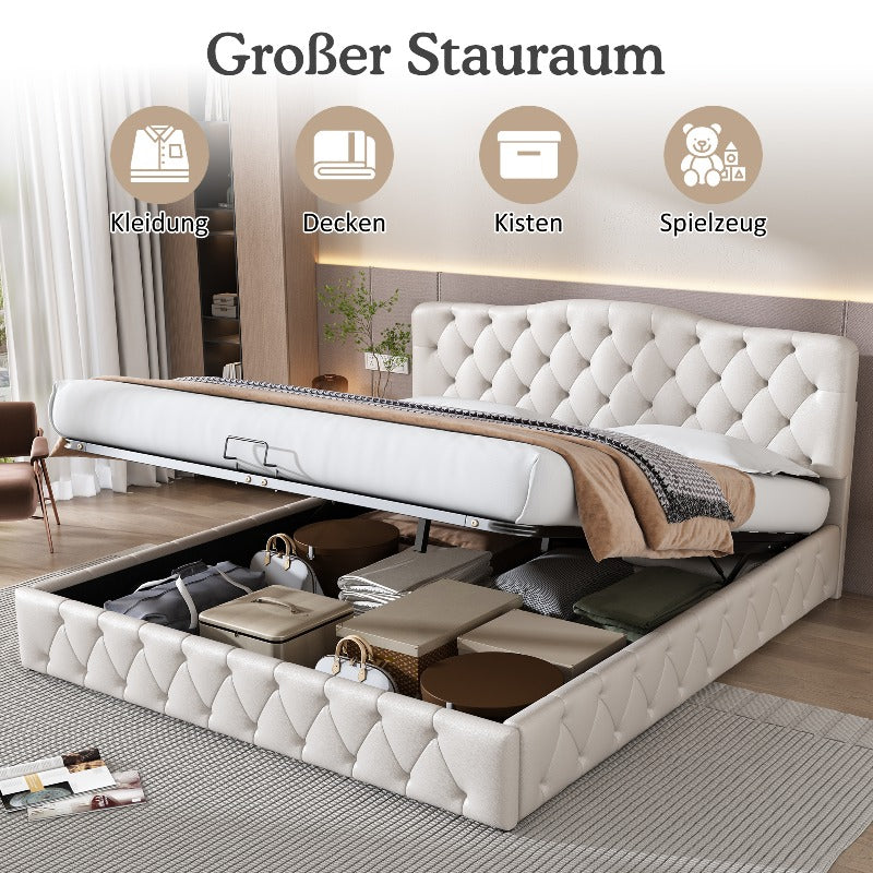 Tweepersoonsbed – Bed met Opbergruimte – Boxspring – Bedframe – Slaapbank – Matras Inclusief – Gestoffeerd Grijs – 140x200 cm – Lattenbodem van Hout