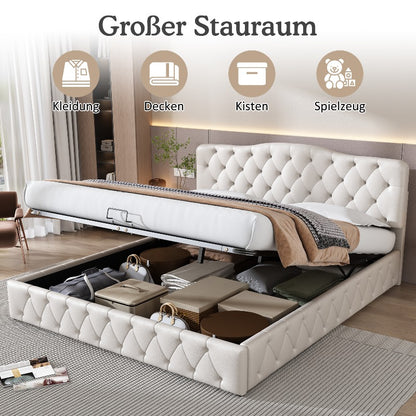 Tweepersoonsbed – Bed met Opbergruimte – Boxspring – Bedframe – Slaapbank – Matras Inclusief – Gestoffeerd Grijs – 140x200 cm – Lattenbodem van Hout