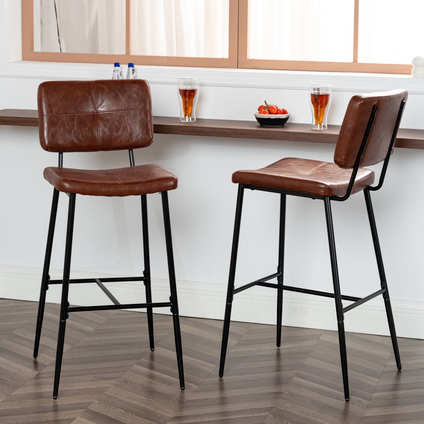 Barstoel – Kruk – Barkruk – Keukenstoel – Bistrostoel – PU Bekleding Bruin – Metalen Poten – 53x46,5x104 cm – Set Van 2