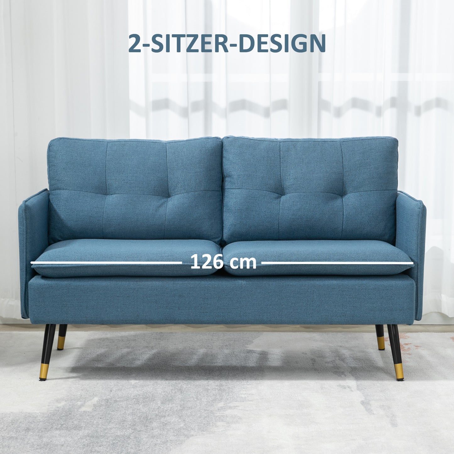 2-Zits Sofa – 2-Persoonsbank – Loveseat – Tweezitsbank – Retro Bank – Donkerblauw – Linnenlook – Knoopdetails – Compact & Comfortabel