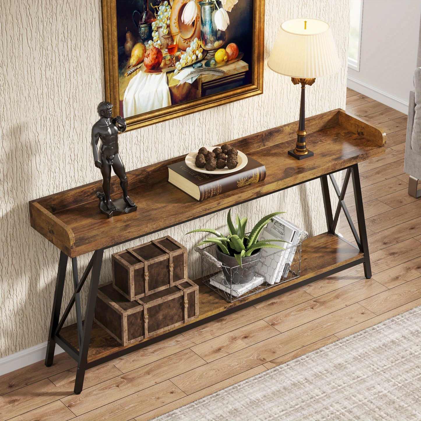 Rustieke Industrieel Sofa Console Tafel – Sidetable – Haltafel – Bartafel – Wandtafel – Bruin/Zwart – 180 cm Lang – Met Opbergruimte En Verstelbare Poten