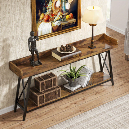Rustieke Industrieel Sofa Console Tafel – Sidetable – Haltafel – Bartafel – Wandtafel – Bruin/Zwart – 180 cm Lang – Met Opbergruimte En Verstelbare Poten