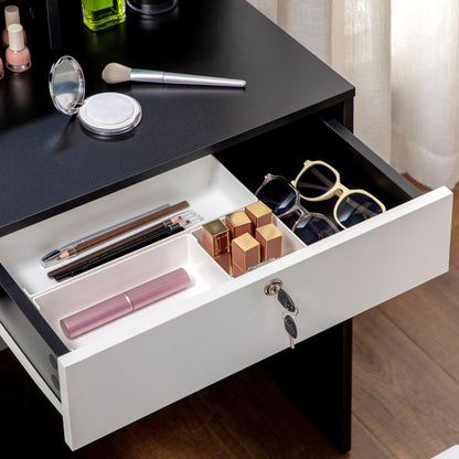 Make-up tafel – Kaptafel – Visagie tafel – Make-up meubel – Schminktafel – Grote spiegel – 4 lades en meerdere planken – Comfortabele gestoffeerde kruk – Zwart wit design
