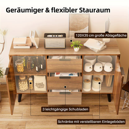 Dressoir – Opbergkast – Ladekast – Sideboard – Buffetkast – Mid-Century Modern Design – Houtcombinatie Hardhout & Spaanplaat – Ruime 3,2 Kubieke Voet Inhoud – Schuifdeuren en Laden – Vrijstaand 68,5 cm Hoog