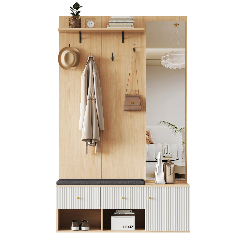 Halmeubel – Kapstok – Schoenenkast – Garderobekast – Schoenenbank – Met Spiegel – Gepolsterde Zitbank – Multifunctioneel Opbergmeubel 120x40x200 cm