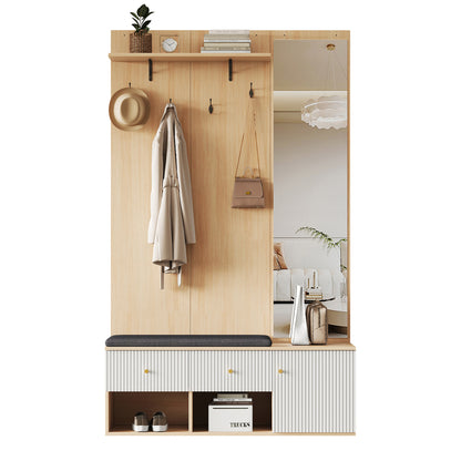 Halmeubel – Kapstok – Schoenenkast – Garderobekast – Schoenenbank – Met Spiegel – Gepolsterde Zitbank – Multifunctioneel Opbergmeubel 120x40x200 cm