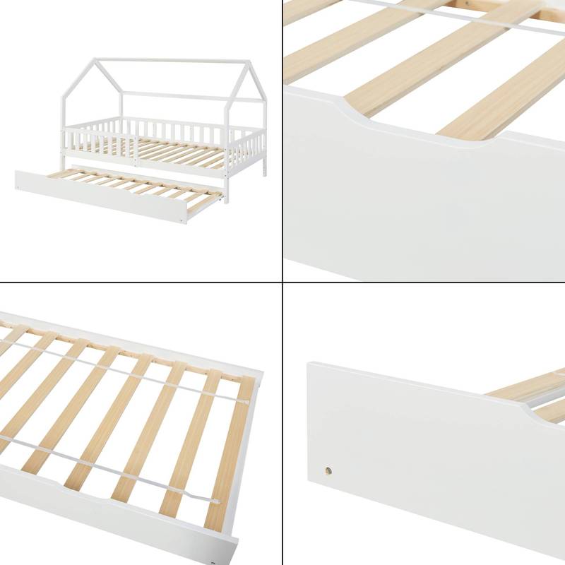 Uittrekbaar Onderschuifbed – Bedlade – Logeerbed – Opbergbed – Rolluikbed – Met Wieltjes – Massief Grenenhout – 197x94x22 cm – Wit