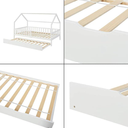 Uittrekbaar Onderschuifbed – Bedlade – Logeerbed – Opbergbed – Rolluikbed – Met Wieltjes – Massief Grenenhout – 197x94x22 cm – Wit