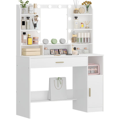 Kaptafel – Make-up tafel – Schminktisch – Toillet – Dressing tafel – Witte kleur – Verstelbare LED-verlichting – Ruime lades en open planken