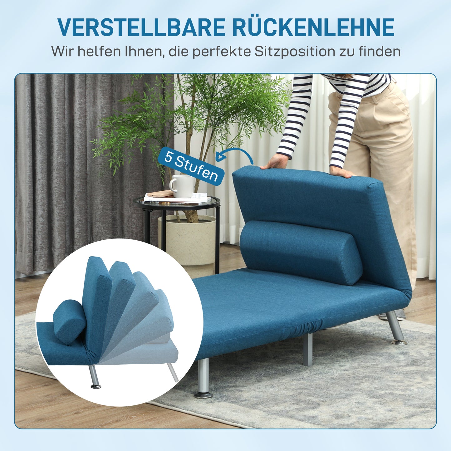 Stoelbed – Relaxstoel – Slaapstoel – Slaapfauteuil – Zitbank – Inklapbaar – Verstelbare Rugleuning – Linnen Look Blauw – 75x70x75 cm