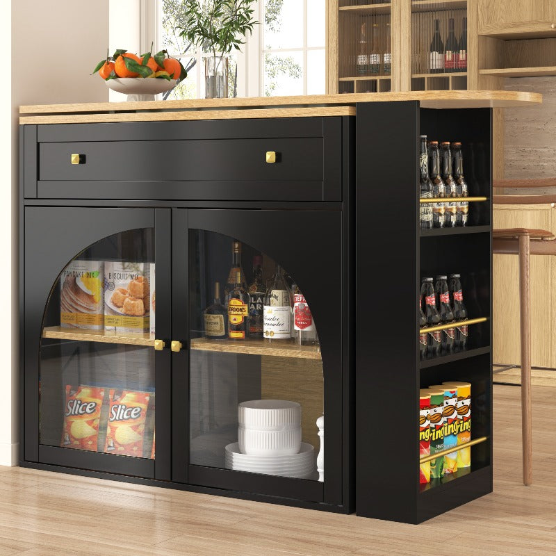 Uitschuifbare Bartafel – Hoge Tafel – Keukeneiland – Bistrotafel – Opberggedeelte – 138-204x39x104 cm – 360° Draaibaar – Modern Zwart Glas