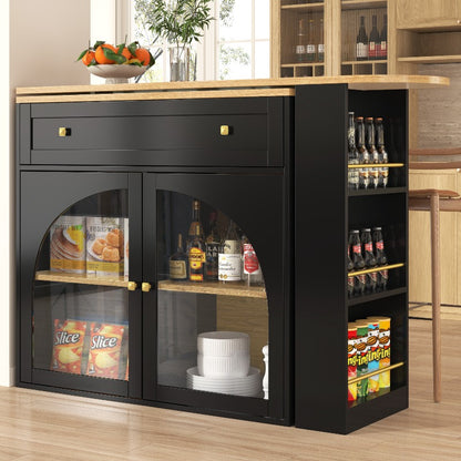 Uitschuifbare Bartafel – Hoge Tafel – Keukeneiland – Bistrotafel – Opberggedeelte – 138-204x39x104 cm – 360° Draaibaar – Modern Zwart Glas