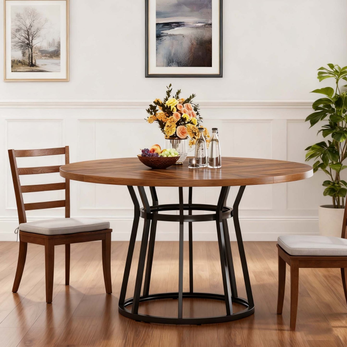 Ronde Eettafel – Ronde Tafel – Eetkamertafel – Keukentafel – Tafel Voor 4 Personen – 119,89 cm Diameter – Bruin Onderstel Metaal