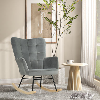 Vintage Schommelstoel – Schommelstoel – Relaxstoel – Fauteuil – Wiegstoel – Donkergrijs – Beukenhout & Staal – Dikke Bekleding