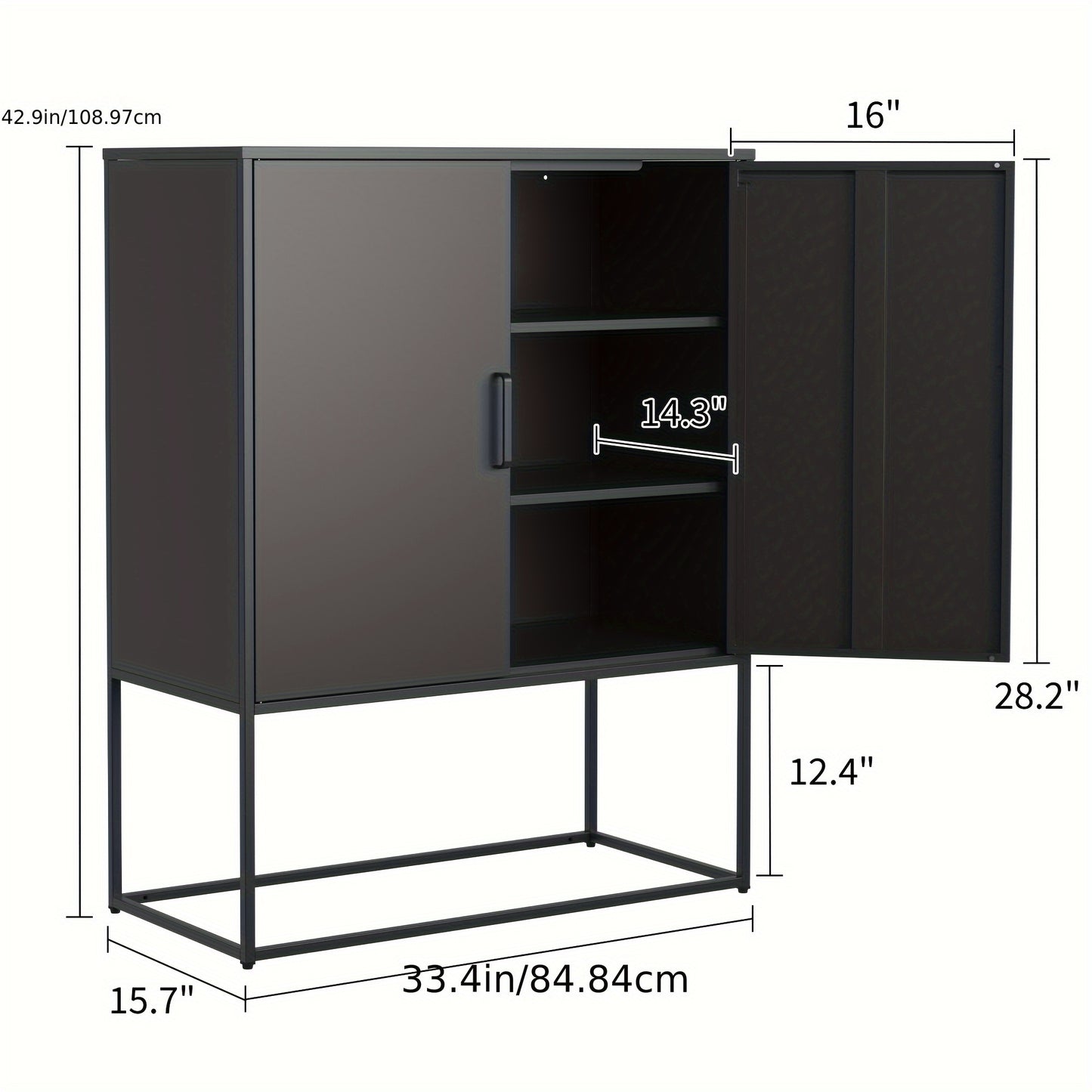 Kast – Opbergkast – Dressoir – Kledingkast – Sideboard – Modern – Stalen 2-Laags Opbergmeubel – Magnetische Deuren & Antikantelbeveiliging – Zwart – 109x84x41 cm