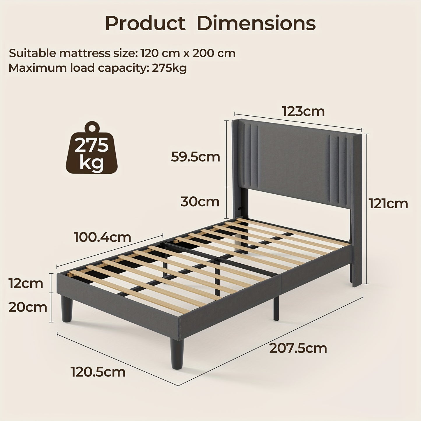 Bedframe – Bedbank – Slaapbank – Tweekepersoonsbed – 120x200 cm – Gestoffeerd Zacht Hoofdbord – Stevige Hardhouten Metalen Constructie – 20 cm Opbergruimte Onder Bed